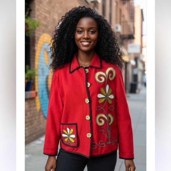 Indigo Moon Jackets & Blazers - Vintage Indigo Moon Embroidered Red Floral Jacket‎